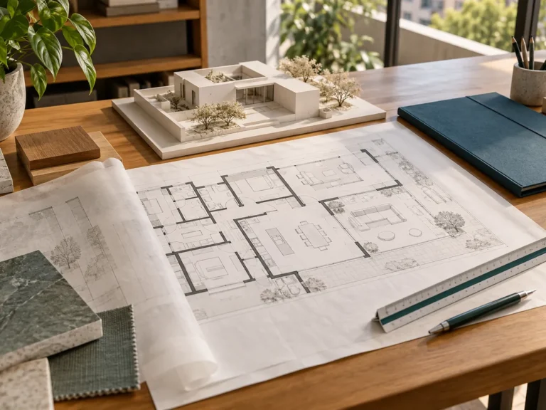 Planta e maquete de projeto de arquitetura